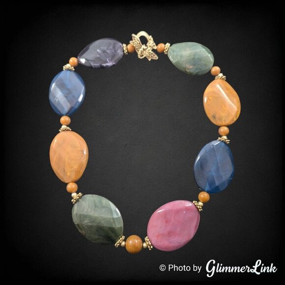 Multicolor Chunky Acrylic Pebble Bead Gold Tone Dragonfly Toggle Clasp Necklace - Picture 7 of 8